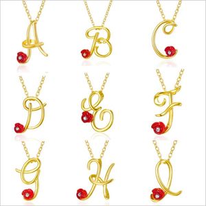 Rose Flower Rhinestone Initial Letter Pendant Necklaces Mix Silver Gold A to Z Necklace Jewelry for Sale