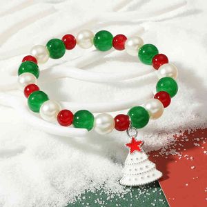 Moda Charming Vermelho Vermelho Verde Grânulos Natal Snowflake Árvore Elé Elk Ornament Bracelet Mulheres Pulso Jóias Aniversário Presentes