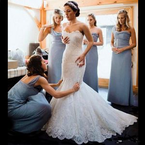 Design Elegant Simple Long Mermaid Wedding Dresses Strapless Full Lace Sweep Train Bridal Gowns Custom Size Fashion