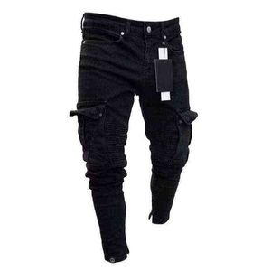 Men's Jeans Hip-hop Black Motorcycle Skinny Side Pocket Stretch Jeans Men's Casual Waistline Jogging Pencil Pants 2021New G0104