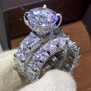 Jóias de luxo Choucong 925 prata esterlina grande corte redondo topázio branco CZ diamante anéis de casal feminino casamento anel de noiva conjunto 220212