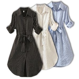 Полосатые женщины платье туника с длинным рукавом элегантная рубашка платье синий белый черный весенний летние дамы повседневные полосы мини-платья T200620