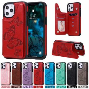 Casos de telefone à prova de choque para iphone 13 12 11 pro x xr xs max 7 8 plus, borboleta em relevo cor puro PU couro kickstand caixa protetora com slots de cartões