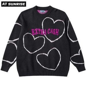 Мужская хип-хоп уличная одежда Harajuku свитер винтаж ретро буква сердца аниме вязаный свитер осенний хлопок пуловер черный 211221