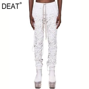 DEAT autumn and winter high waist drawstring patchwork full length pants white and black colors trouser fashion WN15100 201228