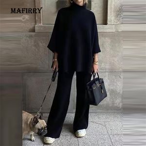 Women Loungewear Long Sleeve Wide Leg Pants Whit Spring Autumn Turtleneck Sould Solid Solid 2PCS Set Plus 4XL Streetwear 220216