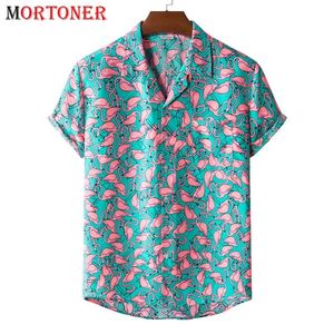 Elegante Flamingo Imprimir Hawaiian Aloha Camisa Homens de Verão Manga Curta Beach Shirts Mens Festa de férias Vestuário 220312