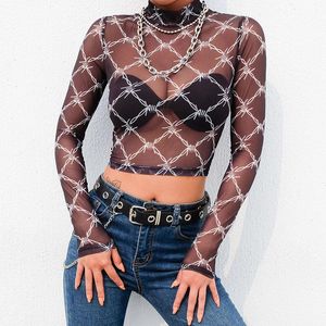 Mesh Tee рубашка Femme Sexy The Denge Wrange Crop Top Print T Женщины Винтаж Футболка Fishnet Футболка Прибытие