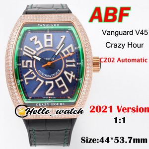 ABF Crazy Hour Watches Vanguard V45 3D Art Deco Mark Blue Dial CZ02 Automatic Mens Watch Rose Gold Diamond Case Leather Green Inner Hello_Watch