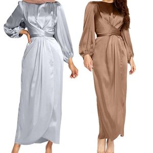 Femmes arabe musulman Satin bouffée à manches longues Maxi Robe couleur unie enveloppement avant auto-cravate Abaya dubaï turquie Hijab Robe caftan