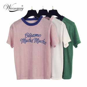 Koreanische süße Brief T-Shirt Femme Hipster Harajuku Lurex Damenbekleidung Kawaii Damen Kurzarm T-Shirt Frauen Tops B-052 T200525