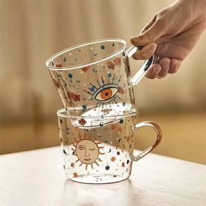 Escala De Copa al por mayor-Sublimación creativa taza de café escala taza de cristal pareja taza de agua sol patrón de ojo drinkware hogar desayuno mlik tazas