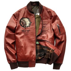 Japanese Version Indian Motorcycle Man Mens Sheepskin Leather Jacket and Coats Indian Avatar Pattern Embroidery Streetwear LJ201030