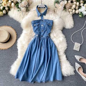 Sexy halter denim strapless sem costas cintura alta slim vestido mulheres mangas novas moda vestidos m5311