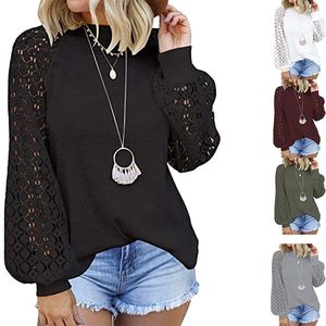 Autumn Women Clothing Long-sleeved T shirt Tops Lace Patchwork Hollow-out Design Solid Color Casual O-neck Puff Sleeve Pullovers Tees