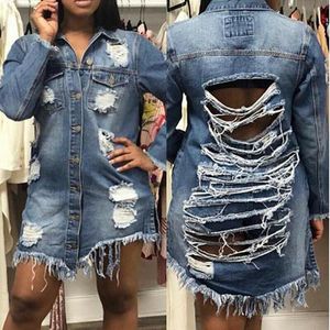 2020 Najnowszy Hot Boyfriend Style Kobiety Ladies Slim Denim Płaszcz Hole Z Długim Rękawem Casual Jean Kurtka Odzieży