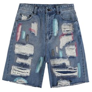 Shorts Masculinos 2021ins Chaopai High Street Inglês Bordado Faca de pano Corte dos homens Capris Jeans