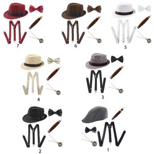 1920s Mens Cosplay Gangster Costume Accessories Set Manhattan Hat Suspenders Pre-Tied Bow Tie Fake Plastic Cigar Pocket Watch 201027