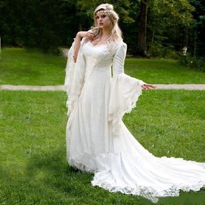 Vestidos de noiva de renda de fada vintage vestidos de noiva de uma linha 2023 espartilho g￳tico de manga flarelong 2023