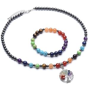 Bracelets, Earrings, Necklace, JLN Seven Chakra Hematite Jewelry Set, Healing Stone, Elastic Bracelets, Hematite Beads, Fragmented Stone, Life Tree Charm