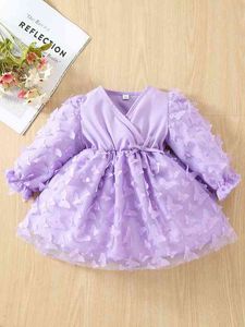 Baby Appliques Surplice Neck Flounce Sleeve Dress SHE