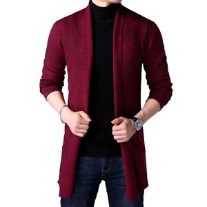 Homens Longo Estilo Cardigan Primavera e Outono X-Long Knit Camisola Camisola Sólida Cor Sweastcoat 201028