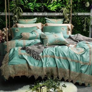 Green White Luxury 80S Egyptian cotton Royal Gold Lace Embroidery bedding set Duvet Cover Bed Linen Bed sheet Pillowcases 4/7pcs T200706