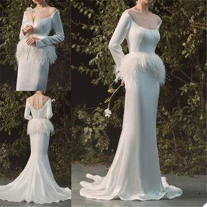Gorgeous Długie rękawy Syrenki Suknie Ślubne Pióro Projekt Jewel Ruched Satin Bridal Suknie Sweep Sweep Custom Made Vestidos de Novia