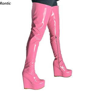 Rtic Handmade Kobiety Zimowe Buty Uda Side Zipper Kliny Wysokie Obcasy Okrągłe Toe Piękne Różowe Białe Błękitne Buty US Rozmiar 5-20