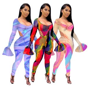 Spot trend 2021 hot style European and American women's clothing mesh perspective printing long horn sleeve suit women