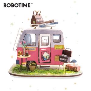 Robotime DIY Mutlu Camper Mobilya Çocuklar Ile Yetişkin Minyatür Ahşap Bebek Evi Modeli Yapı Kitleri Dollhouse Oyuncaklar DGM04 LJ200909