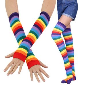 Regenbogen-Kostüm-Set, gestreift, kniehohe Socken, Armwärmer, fingerlose Handschuhe für Teenager, Erwachsene, Halloween, Cosplay, Weihnachten, Verkleidung, Bühnenkleidung, Strümpfe