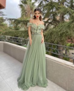 2022 Sage Green Long evening dress A-line off Shoulder bow tie belt Ground Lengt Courtyard Train Prom Dress New Series