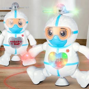 Ridning Toys Electric Robot 360 -graders roterande dansande läkares figurer med lätt musik barn baby interaktiv krypträning bilrobot enfant