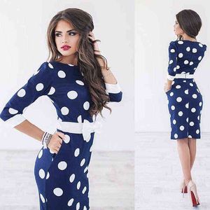 Moda Dot Sukienka Kobiety Office Lady Slim Bodycon Formalna Dress Party Clubwear Pół Rękaw O Neck Długość Długość Suknia Vestidos Bow Y220214