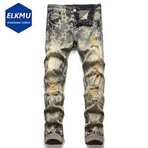 Męskie dżinsy Retro Moda Ripped Hole Denim Spodnie dla mężczyzn Drukowane Streetwear Harajuku Hipster Blue Spodnie Luksusowy Projektant