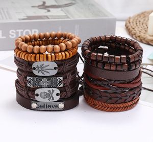 Man Hiphop Läderarmband Antik Alloy Vävning Cowhide Wax Tråd PU Trä Bead Coconut Husk Cross Tro Barmelet Mix 12Style / Set