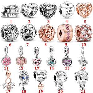 Charms per bracciali Pandora in vero argento sterling 925 Love Heart Festa della mamma Fissaggio in oro rosa Perline Love Heart Blue Crysta Charm per charms perline fai da te