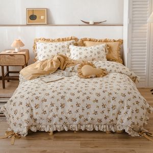 Yellow Floral Print Duvet Cover with Bow Ties Ruffles Soft Bed Sheet set 100%Cotton Bedding Set for Girls 4 Pcs Queen King Size T200706