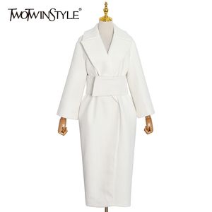 TwotWinstyle Elegancki tweed płaszcz dla kobiet Lapel Long Rękaw Wysoka talia Temperament Windbreaker Kobieta zima moda 201102