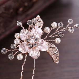 Handgjorda Rose Gold Flower Wedding Headpieces Silver Color Crystal Pearl Bride Hair Pin Clip Brudtillbehör smycken