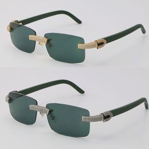 Neue randlose Sonnenbrille mit Mikropavé-Diamant, Original Green Plank Herren-Felsrahmen, männliche und weibliche Brillen, 18 Karat Gold, C-Dekoration, Damen-Sonnenbrille, Größe: 57