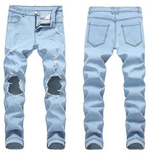 Mäns Jeans Stretch High Waist Ripped Male Korean Loose Straight Ben Trend Wild Harem Byxor Lång