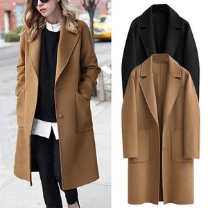 Womens inverno lapela botão longo casaco marrom jaqueta senhoras casaco outwear estilo britânico mistura de lã sólida trench outwear casaco lj201106