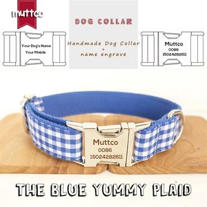 MUTTCO vertreibt selbst gestaltetes personalisiertes Halsband mit Gravur THE BLUE YUMMY PLAID, verstellbare Hundehalsbänder und Leinen, 5 Größen UDC046 201126