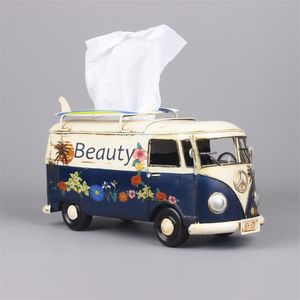 Multicolor Flower Bus Model Figurine Retro Car Tissue Box Decorazione della casa Artigianato Ornamenti vintage Living Room Decor 201125