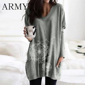 Fluffy Oversized Sweatshirts Dress Women Plus Size V-Neck Print Pocket Blouse Fall Långärmad Patchwork Hem Tunika Green LJ201103