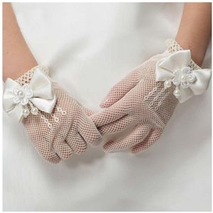 2021 Yeni Çocuklar Evlilik Prenses Eldiven Kız Mesh Kuralları Bow Eldiven WhiteKhaki Dantel İnci Çiçek Kız Parti Eldiven