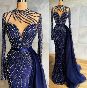 2022 Plus Size Arabski ASO Ebi Marynarki Wojennej Niebieski Luksusowy Prom Dresses Zroszony Syrenka Koronki Wieczór Formalna Party Druga Recepcja Suknia Sukienka CG001