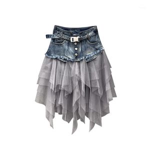 Skirts Summer Denim Jeans Skirt Women Irregular High Waisted Tulle Mesh Patchwork Pockets Pleated Mid-Calf Tutu 2021 Street1